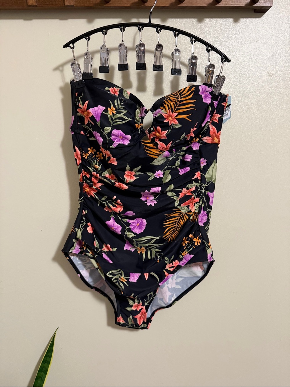 Shade & Shore Black One-Piece Swimsuit with Pink & Orange Floral Print